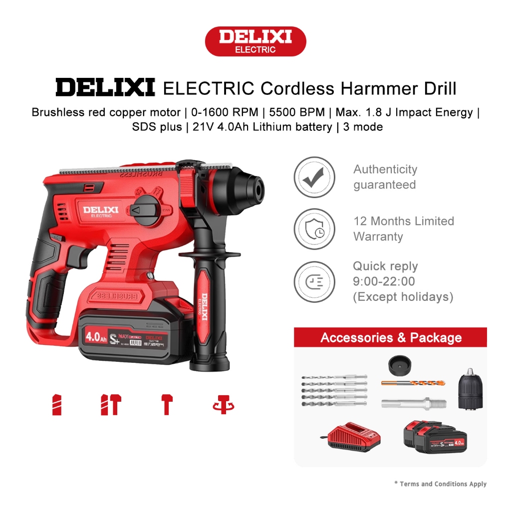 DELIXI Electric 21โวลต์ สว่านเจาะกระแทกไร้สายทรงพลังพร้อม 2 ชิ้น 4.0 อา แบตเตอรี่/แท่นชาร์จและอุปกรณ์เสริม