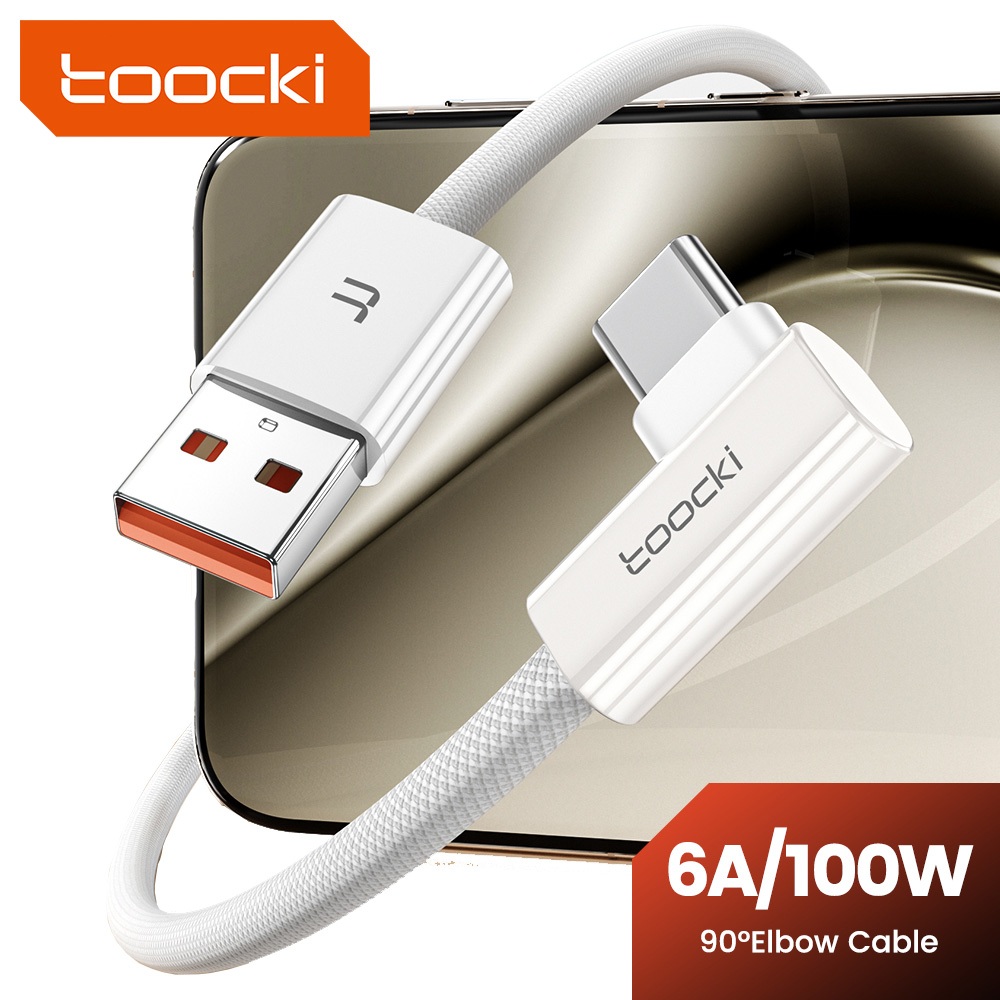 Toocki 6A 100W สาย USB Type C สําหรับโทรศัพท์มือถือสีขาว USB C สาย High Current Super Fast Charging Charger 90° ลวดพันข้อข้อศอก