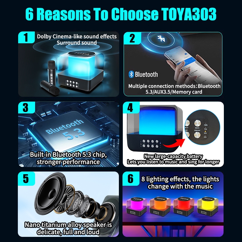 Toya 303 ไมโครโฟนลําโพงคาราโอเกะ LED TWS ลําโพงบลูทูธไร้สายคาราโอเกะที่บ้านพร้อมไมโครโฟนลําโพงบลูทูธ