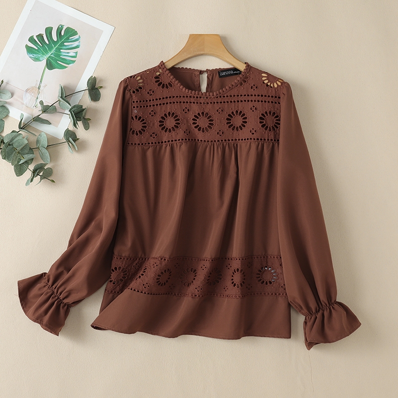 Zanzea เสื้อสตรีเกาหลีลําลองลูกไม้กลวงโครเชต์เสื้อแขนยาว