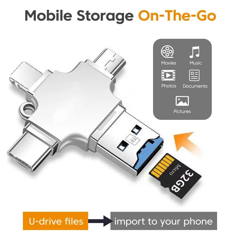 การ์ดรีดเดอร์ 4 In 1 Memory Card Reader Micro SD Card Reader For Ipad/IPhone 5 6 6s 7 Plus Type-C OTG Android PC