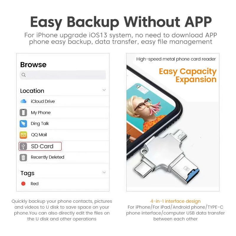การ์ดรีดเดอร์ 4 In 1 Memory Card Reader Micro SD Card Reader For Ipad/IPhone 5 6 6s 7 Plus Type-C OTG Android PC