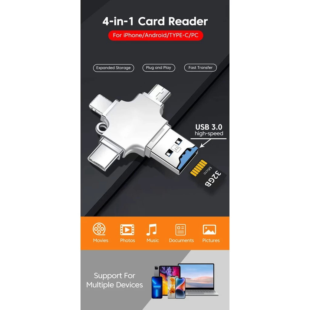 การ์ดรีดเดอร์ 4 In 1 Memory Card Reader Micro SD Card Reader For Ipad/IPhone 5 6 6s 7 Plus Type-C OTG Android PC