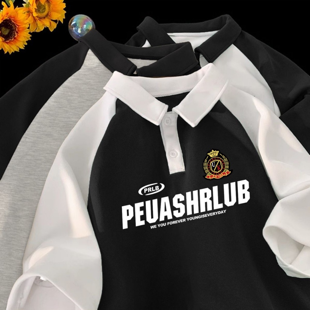 ProMan-เสื้อโปโลสีสำหรับฤดูร้อน  สไตล์อเมริกันวินเทจ  ชุดคู่รัก แบบหลวม