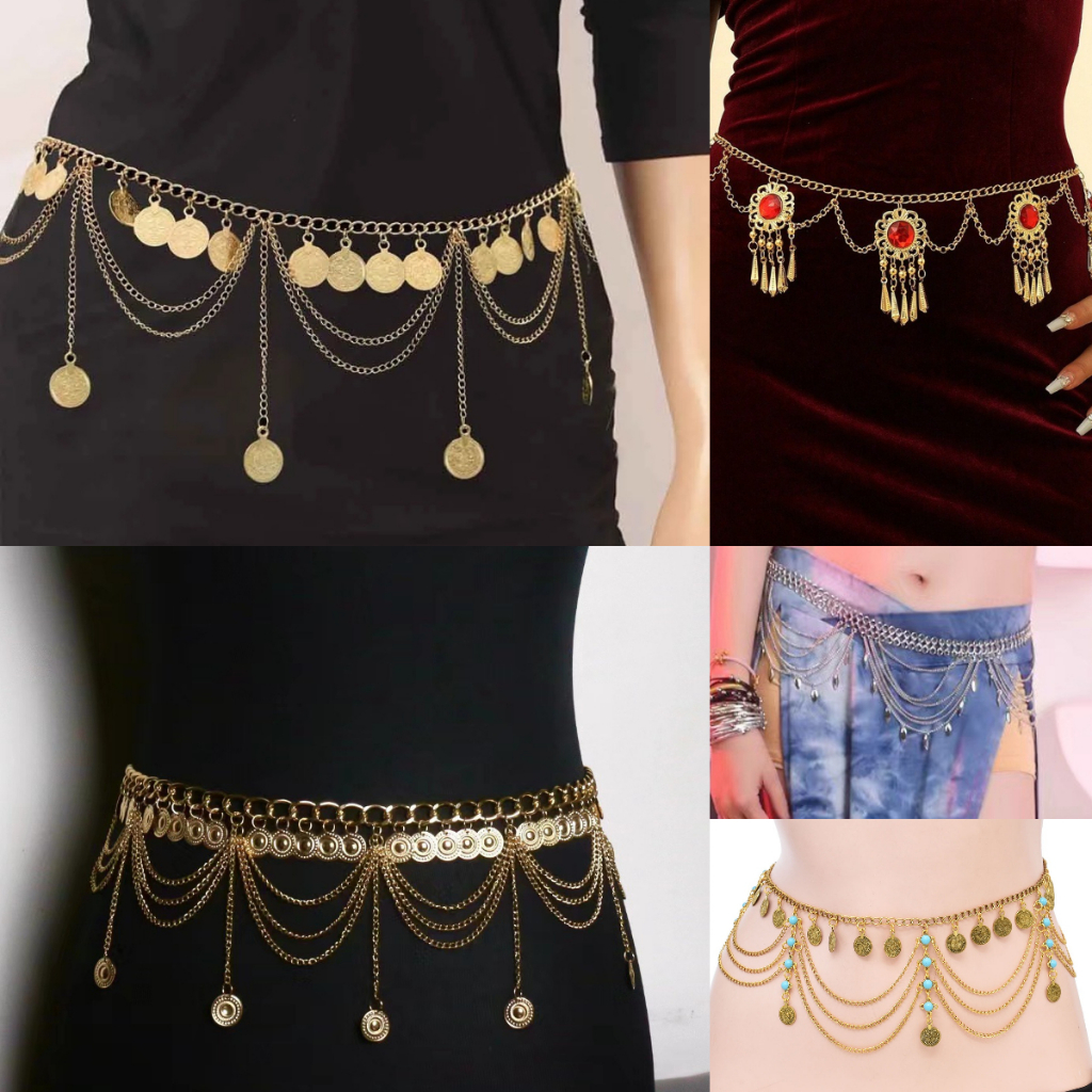 ห่วงโซ่เอวอุปกรณ์เอวโซ่ยาวหลายชั้นโซ่เหรียญพู่เข็มขัดสร้อยข้อมืออุปกรณ์อาหรับเต้นรําอุปกรณ์เสริม