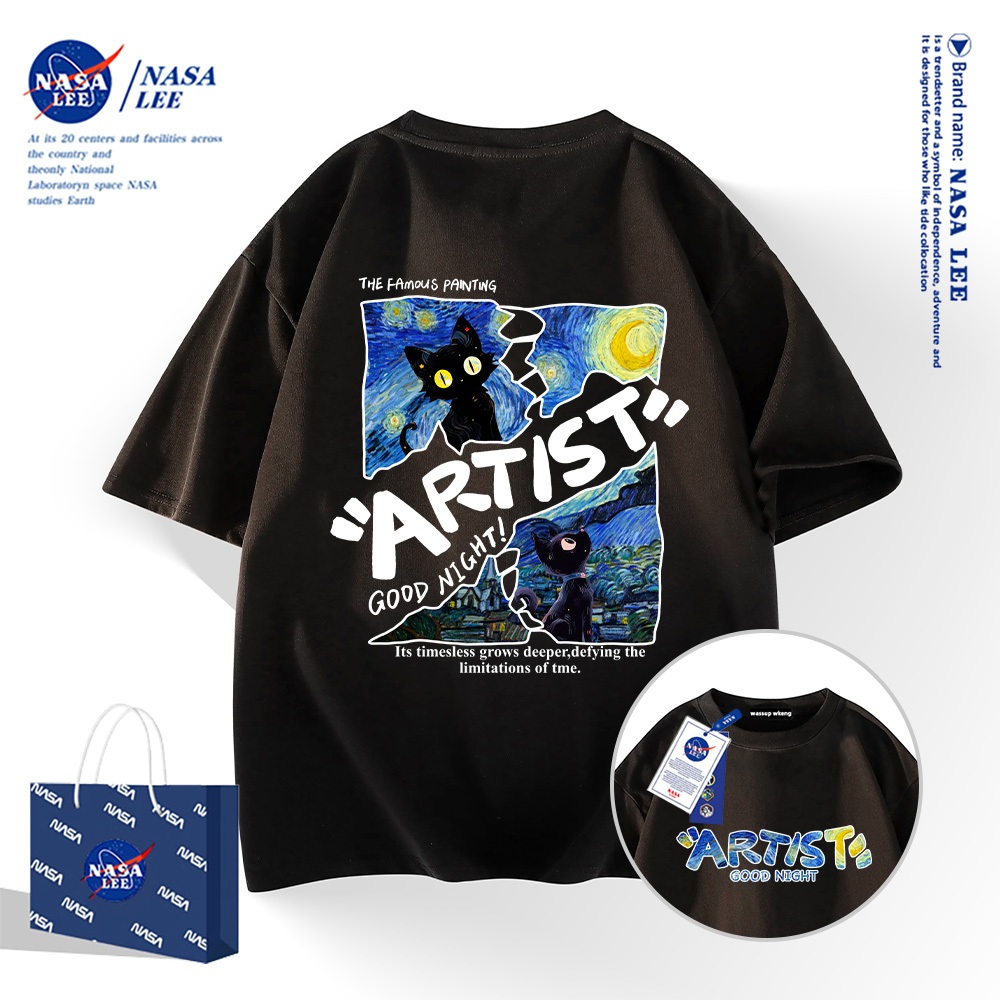 NASAเสื้อยืดสไตล์อเมริกาผ้าฝ้าย 100% คอสั้นเสื้อชาย และหญิงดั้งเดิม ราตรีสวัสดิ์ลูกแมว เสื้อแขนครึ่ง