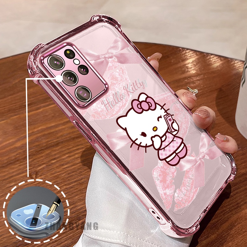 สําหรับ Samsung S24 S24 Plus S24 Ultra S24 FE สี่มุม anti drop electroplated เคสโทรศัพท์ความงามปากสีชมพูโบว์น่ารักออกแบบใหม่รูปแบบ TPU soft case
