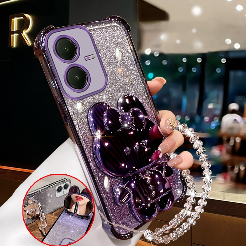 FOR เคส กรณีสําหรับvivo Y22 5G 2022 VIVO Y22S 5Gเคสโทรศัพท์Softcaseซิลิโคนกันกระแทกออกแบบใหม่ความงามกระต่ายแต่งหน้ากระจกผู้ถือสร้อยข้อมือสําหรับสาวSJSFTUSL01