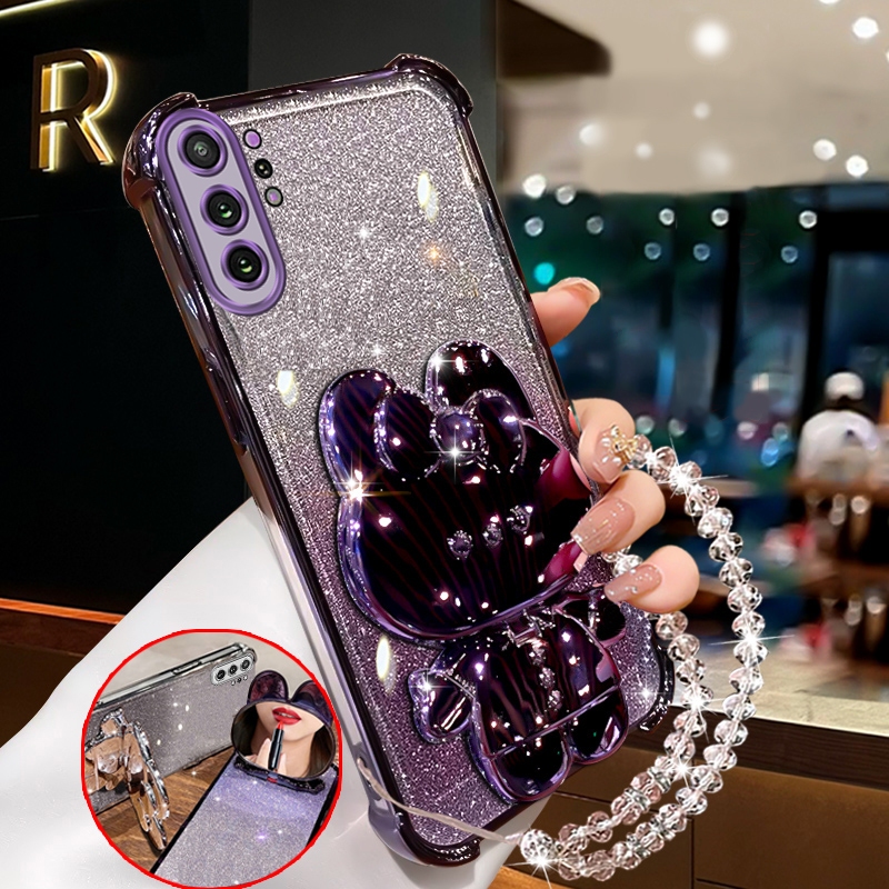 FOR เคส เคสสําหรับ samsung note 10 plus samsung note 10 เคสโทรศัพท์ Softcase ซิลิโคนกันกระแทกปกดีไซน์ใหม่ความงามกระต่ายกระจกแต่งหน้าพร้อมที่วาง สร้อยข้อมือสําหรับสาว SJSFTUSL01