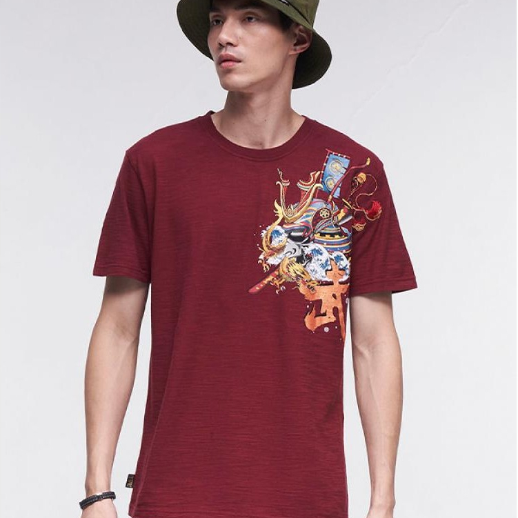 [ผ้าฝ้ายแท้พร้อมสต็อก] Oniarai Ghost Wash ฤดูร้อน Oda Ghost Samurai พิมพ์แขนสั้นผู้ชายรอบคอแขนสั้น T