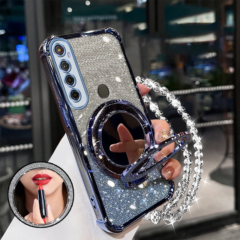 FOR เคส [3 in 1] เคสสำหรับ Realme 5 realme c3 realme 5i realme 6i 5 pro เคสโทรศัพท์ ซอฟต์เคส ซิลิโคนกันกระแทก ดีไซน์ใหม่สวยงาม มีเชือกคล้อง กระจกแต่งหน้าพร้อมที่ยึด SJSFHZJ01
