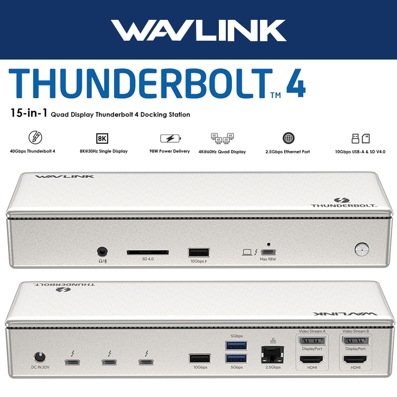 Wavlink 15 IN 1 Thunderbolt Docking Staion Quad 4K Display Hub พร้อม 98W PD 2.5Gbps RJ45, SD V4.0, 1