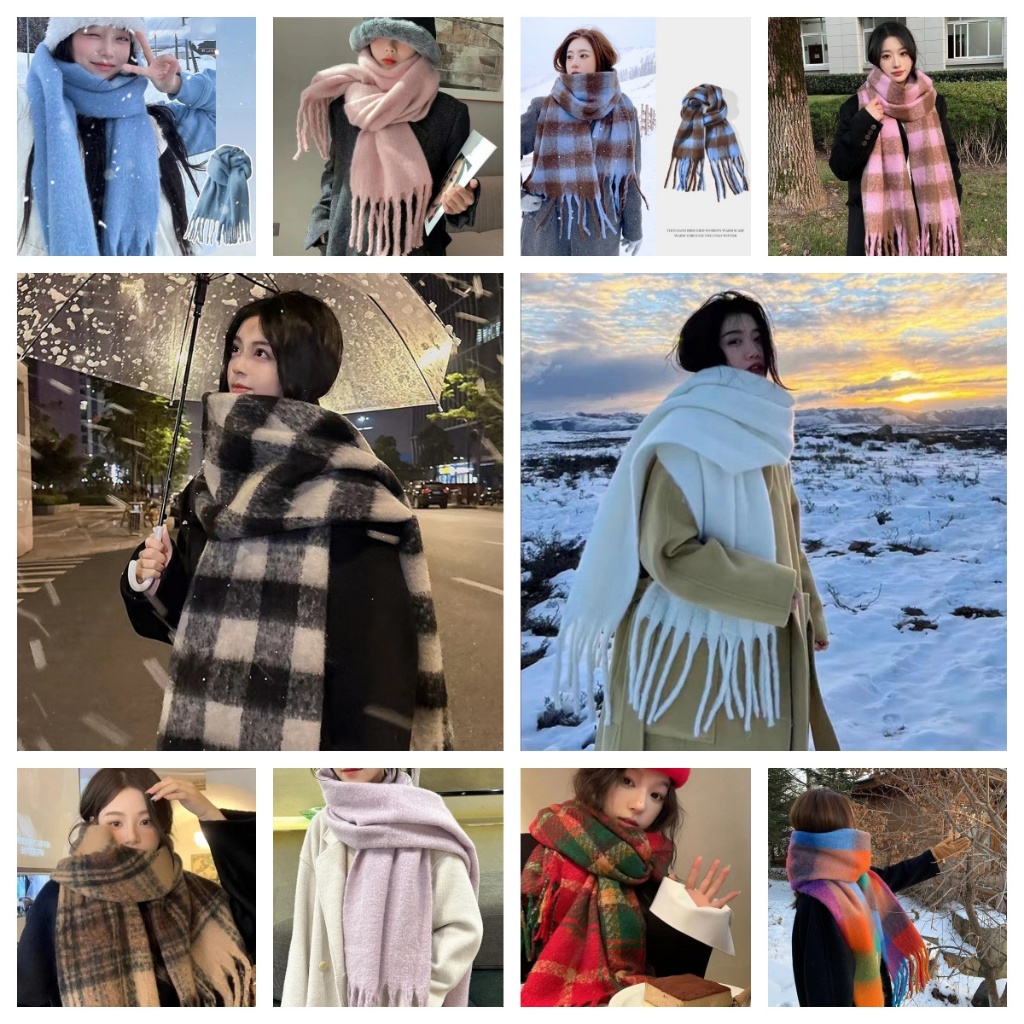 {LZ} ผ้าพันคอลายสก๊อต Checkerboard ผ้าพันคอนุ่มผู้หญิงฤดูหนาว Warm Dual ใช้ผ้าคลุมไหล่ยาว Vintage ผ้าพันคอหนา {lazybone}
