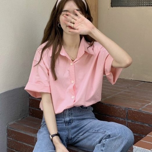 Laterme 5 สี เสื้อเชิ๊ตแขนสั้นปกฮาวายทรงเบสิคสไตล์มินิมอลสำหรับผู้หญิง
