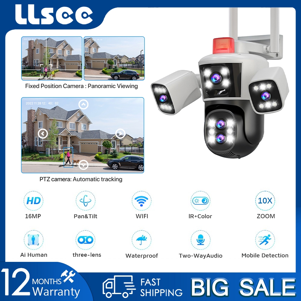 LLSEE 16MP 4 เลนส์ 10 เท่าซูมออปติคอลกล้องวงจรปิดไร้สาย WIFI กลางแจ้งกันน้ำ 360 PTZ การรักษาความปลอด