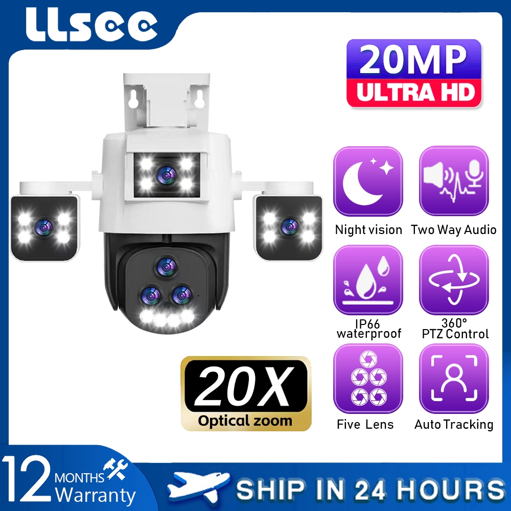 LLSEE ห้าเลนส์สามหน้าจอ 20 เท่าออปติคัลซูม 8K 20MP WIFI ไร้สายกลางแจ้งกล้องวงจรปิดกันน้ำ PTZ หมุน 360 IP กล้องรักษาความปลอดภัย Night Vision ที่มีสีสันการตรวจสอบสัญญาณเตือนการติดตามการโทร
