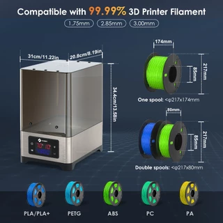 Fixdry 3D เครื่องพิมพ์ Filament เครื่องอบผ้าพร้อมพัดลม, 110W PTC Dehydrator กล่องเครื่องเป่าอุ่น, ปิด-ปล่อยความร้อนคงที่, อุณหภูมิความชื้น, 2 แกนใช้งานร่วมกับ 1.75 มม., 2.85 มม.,