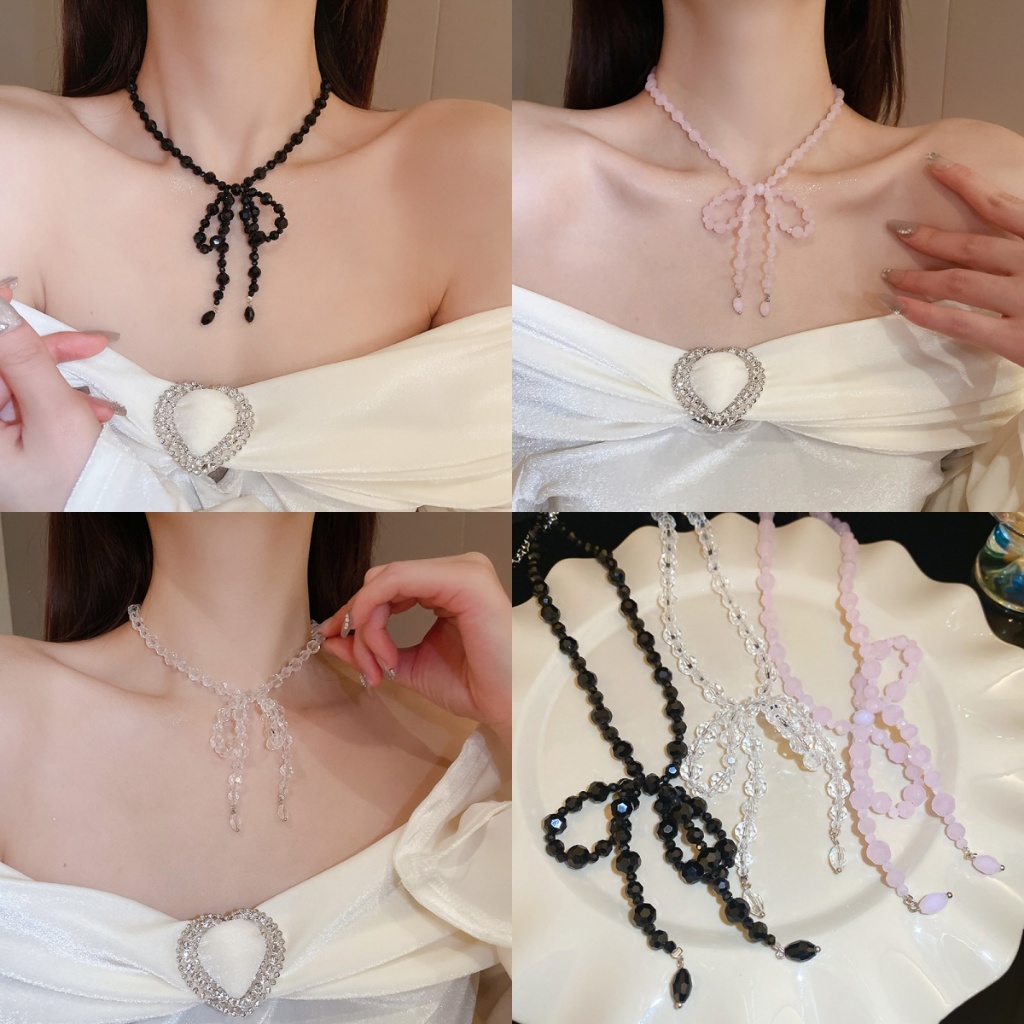 [Jewbeauty]สร้อยคอลูกปัดโบว์หวานผู้หญิงแฟชั่นออกแบบกระดูกไหปลาร้าโซ่แสงหรูหราเครื่องประดับความรู้สึกสูง