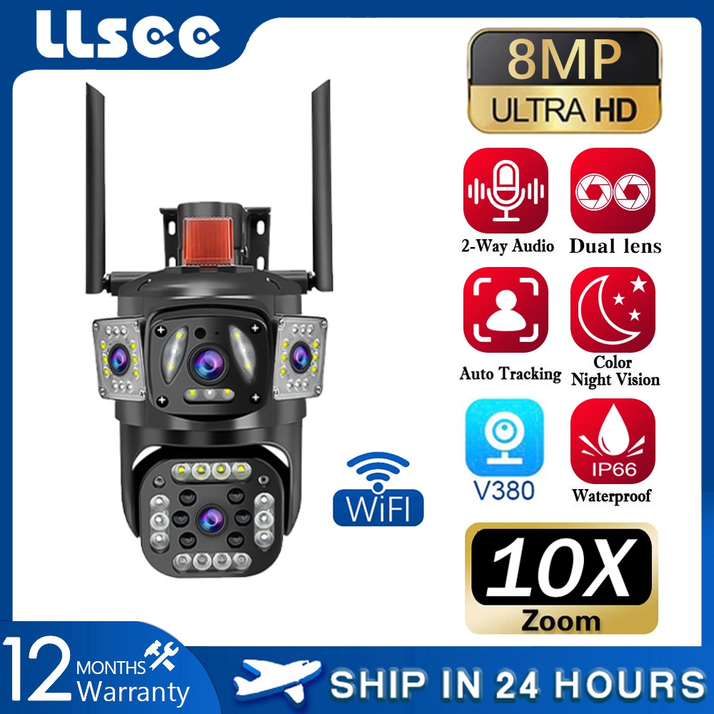 LLSEE V380 Pro 8MP 4K เลนส์คู่กล้องวงจรปิด WIFI  กล้องวงจรปิดไร้สายกันน้ำกลางแจ้ง, กล้องรักษาความปลอ