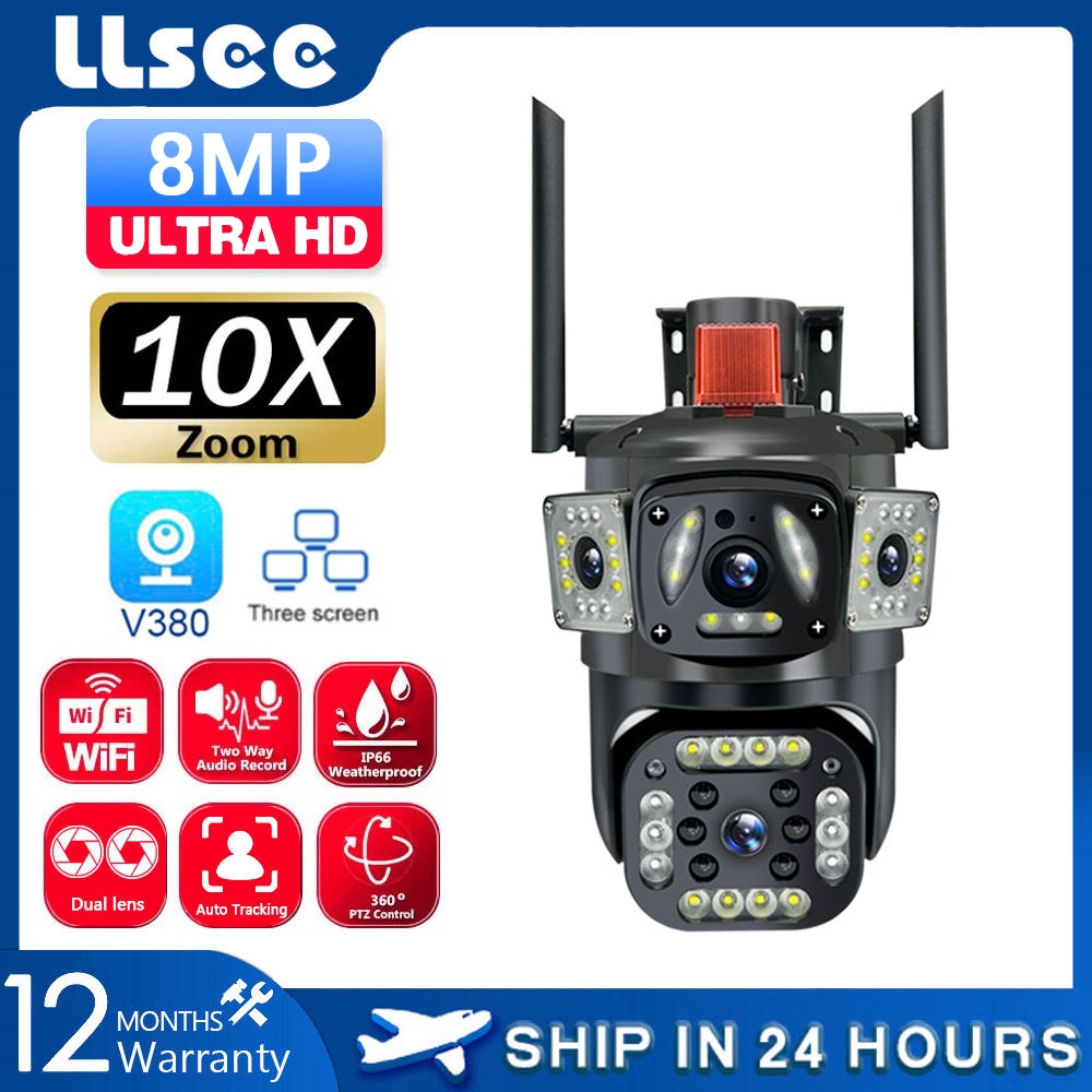LLSEE V380 8MP 4K เลนส์คู่กล้องวงจรปิด WIFI PTZ กล้องวงจรปิดไร้สายกันน้ำกลางแจ้ง, กล้องรักษาความปลอด