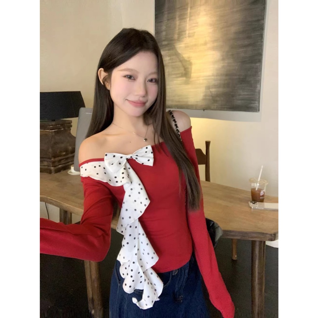 NZN แฟชั่นของผู้หญิงสไตล์ใหม่สาวเผ็ดไหล่เดียวแขนยาวโบว์เสื้อยืดด้านบน