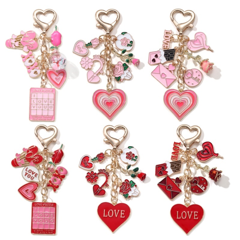 โรแมนติกสวยหัวใจกุหลาบช็อคโกแลตจุ๊บ ๆ พวงกุญแจเคลือบสําหรับคนรักของขวัญวันวาเลนไทน์ที่ดี