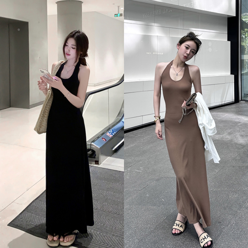 Luna Shop 🍒 สไตล์เกาหลี สาวฮอต เดรสเปิดหลัง คอวี เอว เปิดไหล่ กระโปรงยาวสะโพกเซ็กซี่