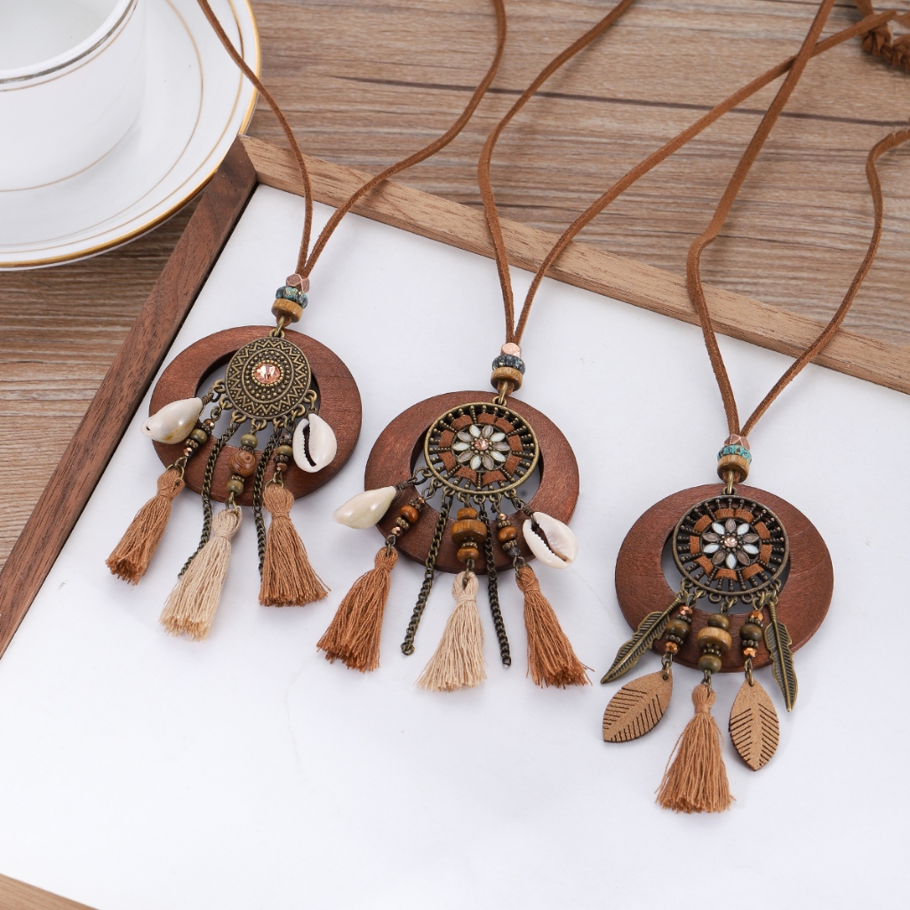 ย้อนยุคชาติพันธุ์รอบไม้ยาวเสื้อกันหนาวสร้อยคอผู้หญิงโบฮีเมียนดอกไม้ลูกปัดใบพู่สร้อยคอทุกวันสวมใส่แฟชั่นเครื่องประดับ