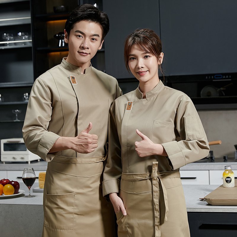 Khaki Chef Uniform Women/men เสื้อแจ็คเก็ตบริกรแขนยาว m-5xl เสื้อเชฟโรงแรม