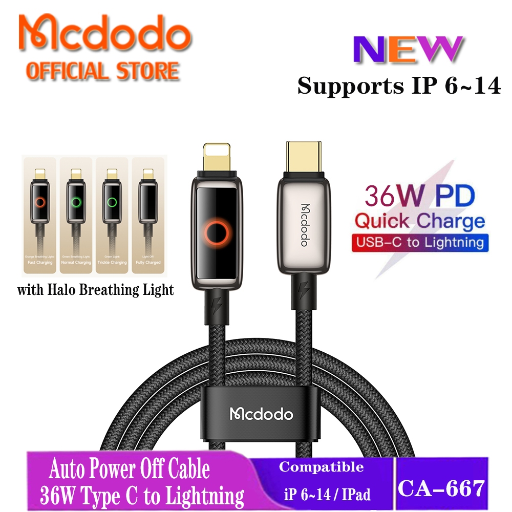 Mcdodo 2025 ใหม่ (สายปิดอัตโนมัติ) 36W PD Type C to Lightning Fast สายชาร์จสําหรับ iP 16ProMax 15 14 13 12 11 Xr 8 7 6s CA-667 668