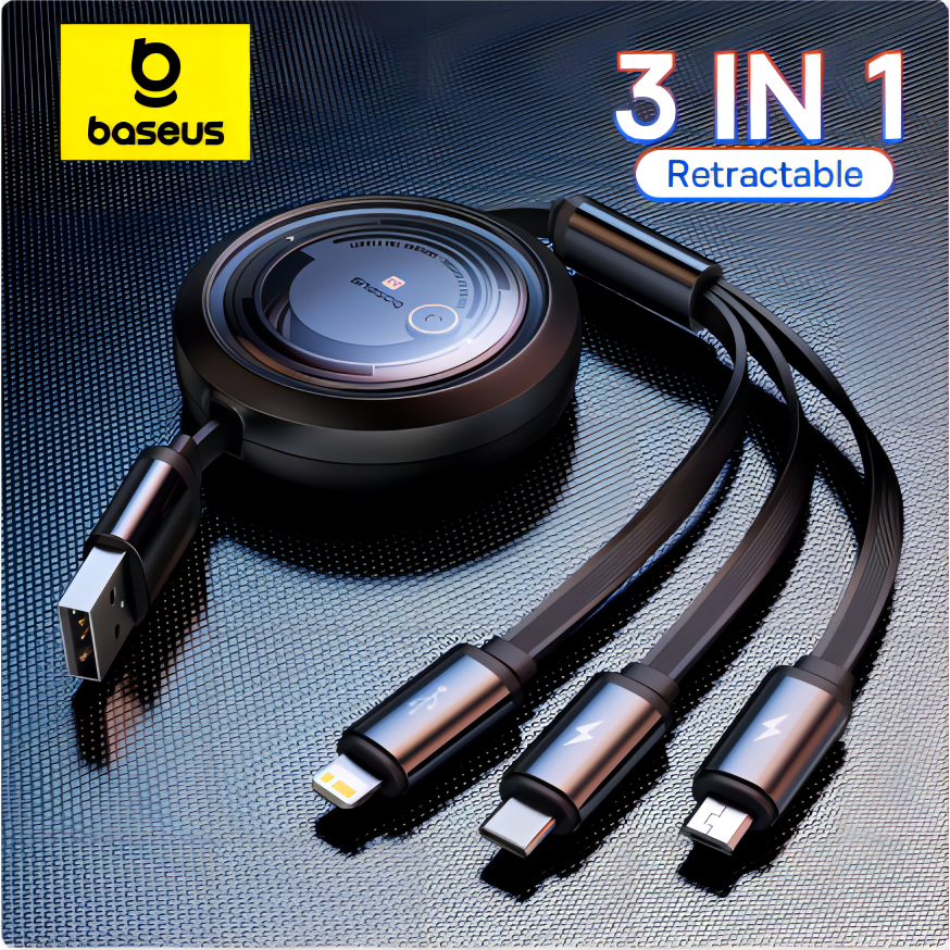 (สต็อกในพื้นที่) Baseus สายชาร์จแบบเร็วแบบพับเก็บได้ 3in1 3.5A พร้อมการส่งข้อมูลที่รองรับ M+C+L
