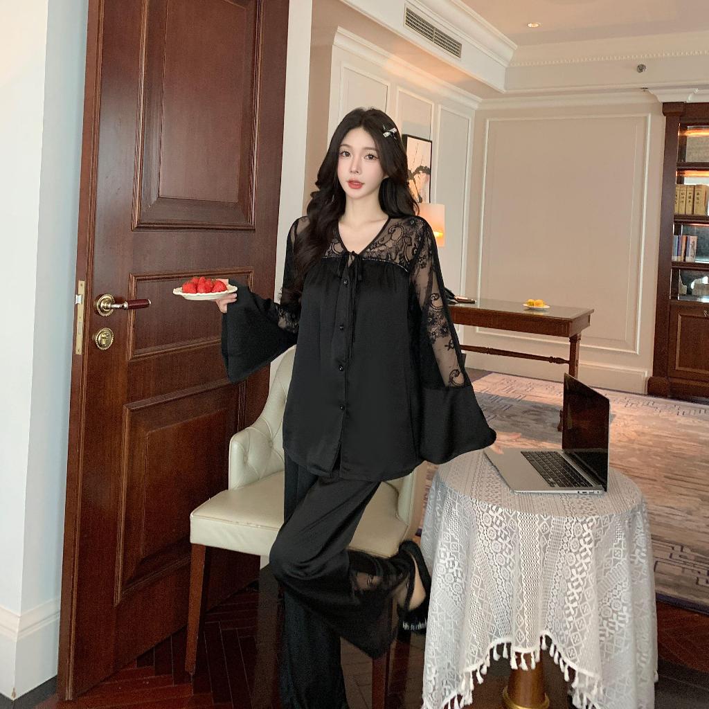 ชุดนอนผู้หญิงฤดูใบไม้ผลิและฤดูใบไม้ร่วงหรูหราขั้นสูงผ้าไหมลูกไม้พระราชชุดใส่ในบ้านแขนยาว