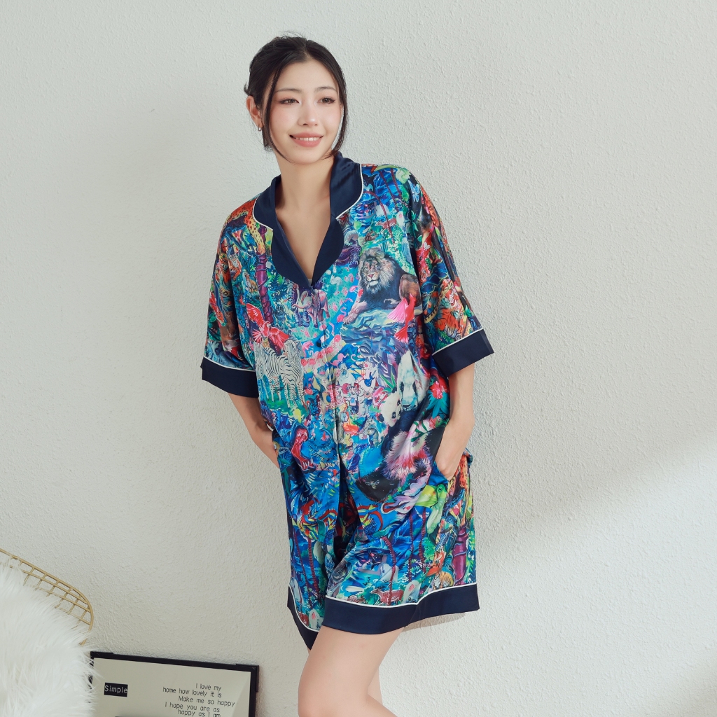 ชุดนอนสุภาพสตรีชุดหลวมพิมพ์ผ้าไหม Cool Loungewear กางเกงขาสั้นชุดนอนชุด Slimmer ดูขายาว Soft Sil ราคา ถูกที่สุด ดีลบีเคเค แกลเลอรีภาพที่ 4