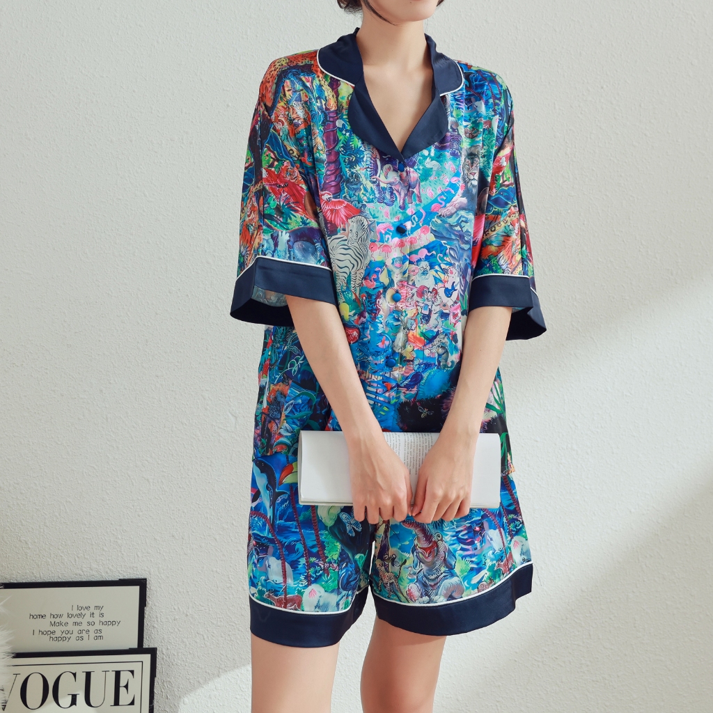 ชุดนอนสุภาพสตรีชุดหลวมพิมพ์ผ้าไหม Cool Loungewear กางเกงขาสั้นชุดนอนชุด Slimmer ดูขายาว Soft Sil ราคา ถูกที่สุด ดีลบีเคเค แกลเลอรีภาพที่ 7