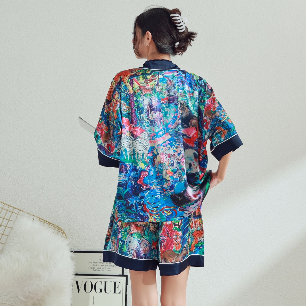 ชุดนอนสุภาพสตรีชุดหลวมพิมพ์ผ้าไหม Cool Loungewear กางเกงขาสั้นชุดนอนชุด Slimmer ดูขายาว Soft Sil ราคา ถูกที่สุด ดีลบีเคเค แกลเลอรีภาพที่ 6