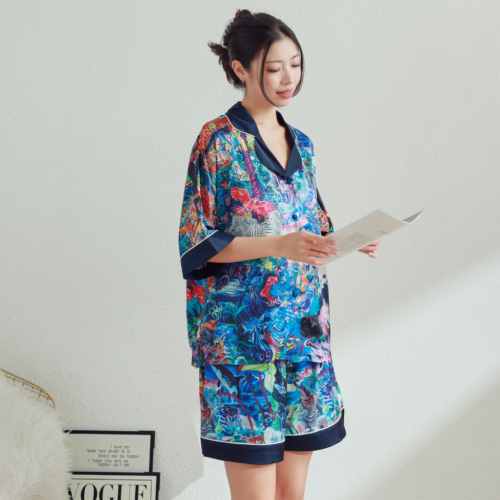 ชุดนอนสุภาพสตรีชุดหลวมพิมพ์ผ้าไหม Cool Loungewear กางเกงขาสั้นชุดนอนชุด Slimmer ดูขายาว Soft Sil ราคา ถูกที่สุด ดีลบีเคเค แกลเลอรีภาพที่ 5