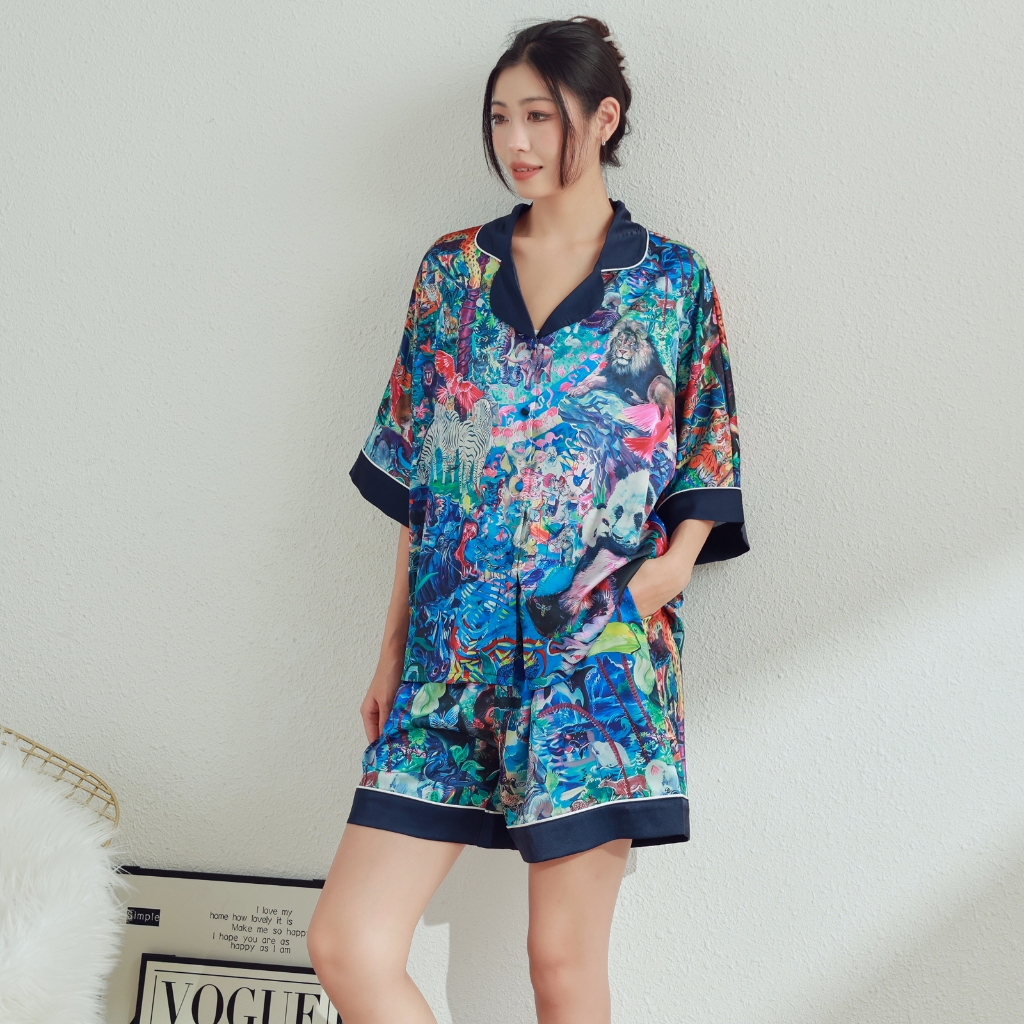ชุดนอนสุภาพสตรีชุดหลวมพิมพ์ผ้าไหม Cool Loungewear กางเกงขาสั้นชุดนอนชุด Slimmer ดูขายาว Soft Sil ราคา ถูกที่สุด ดีลบีเคเค แกลเลอรีภาพที่ 3