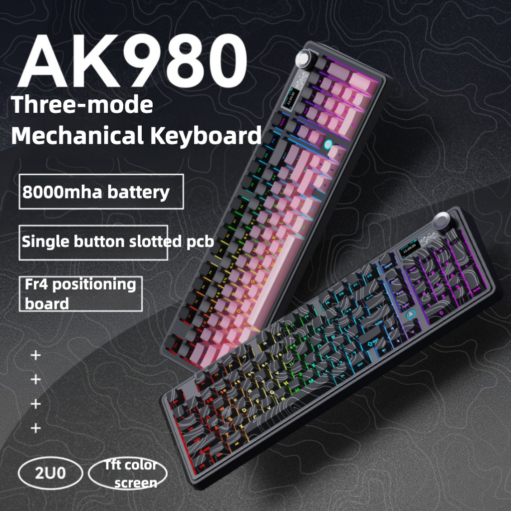 Ajazz AK980 คีย์บอร์ดแบบกลไก 2.4g ไร้สายบลูทูธสามโหมด RGB E-sports เกม TFT GIF หน้าจอสีคอมพิวเตอร์สํานักงาน Hot Swap