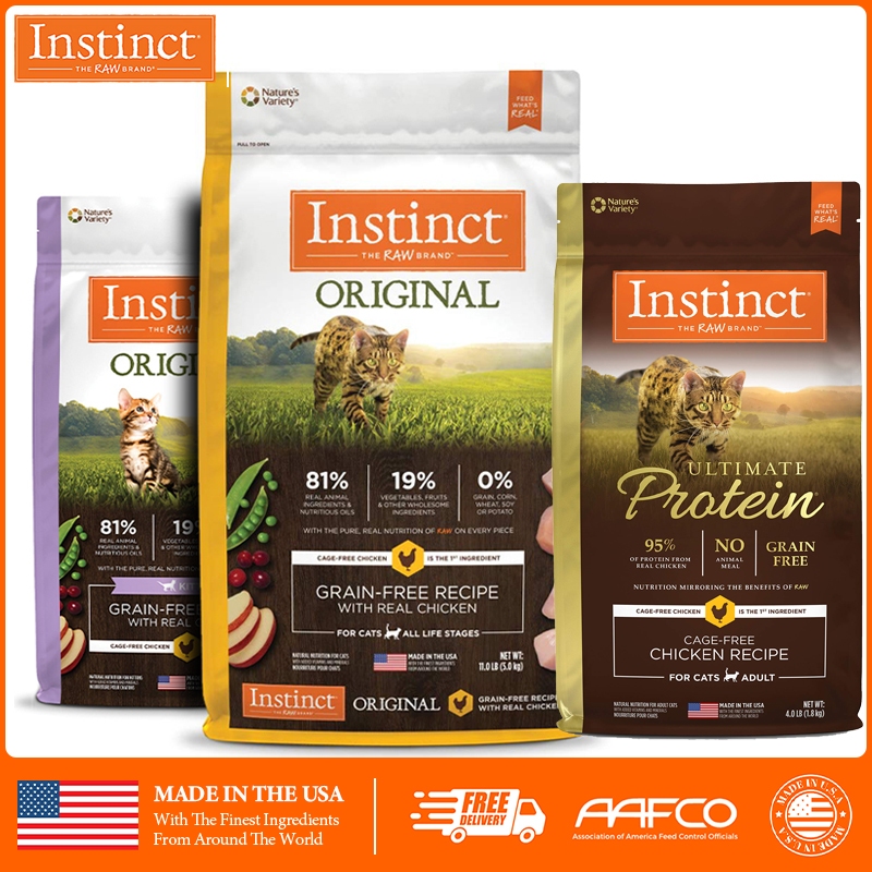 Instinct อาหารแมวแบบแห้ง สูตรปลอดธัญพืชดั้งเดิมพร้อมไก่แท้/ปลาแซลมอน อาหารแมวแห้งธรรมชาติ 4.5lb/5 lb/10lb/11lb ถุง