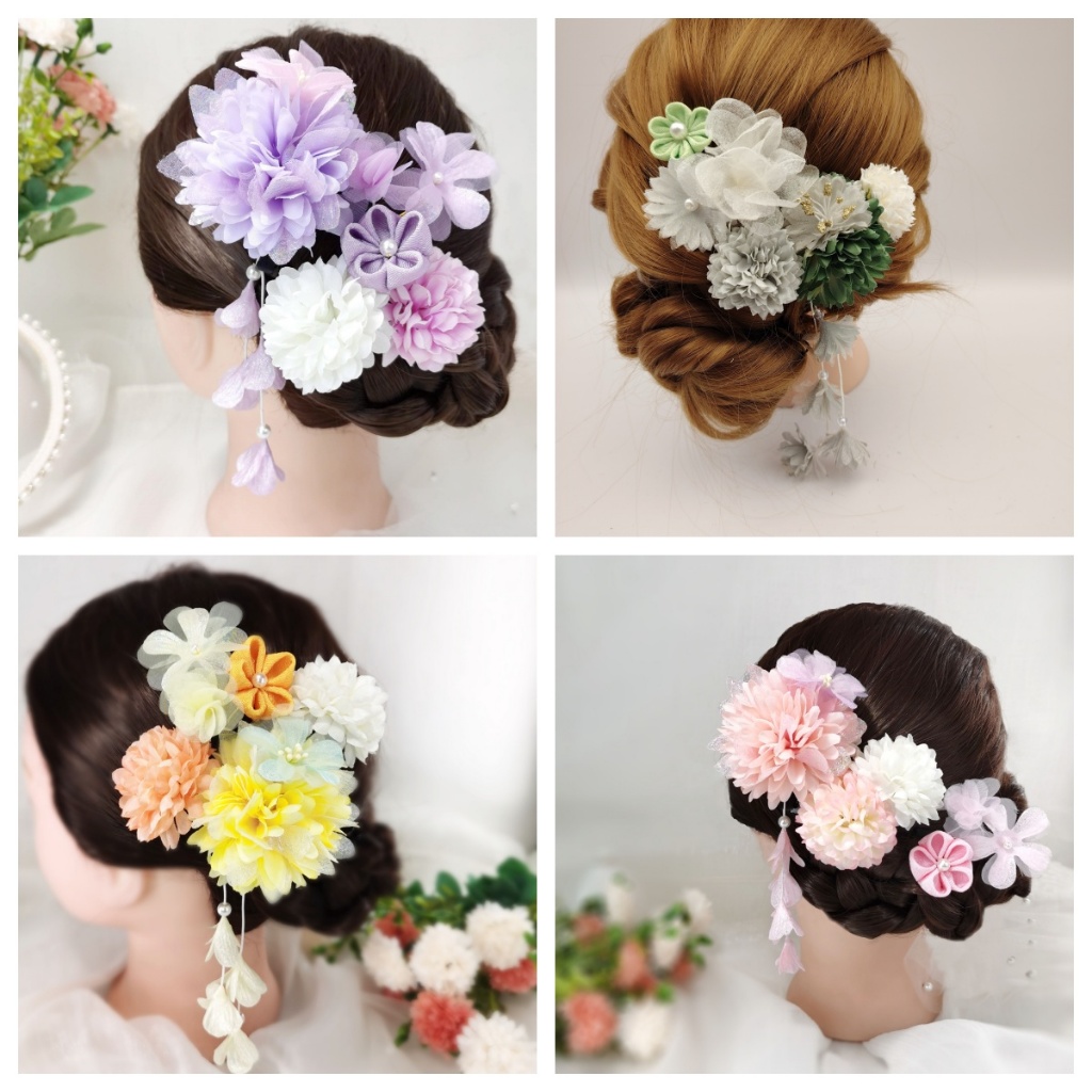 Shiningstars ชุดกิโมโนญี่ปุ่น Shichigosan Tsumami kanzashi ชุดพร้อมเครื่องประดับผมญี่ปุ่น bira-bira kanzashi