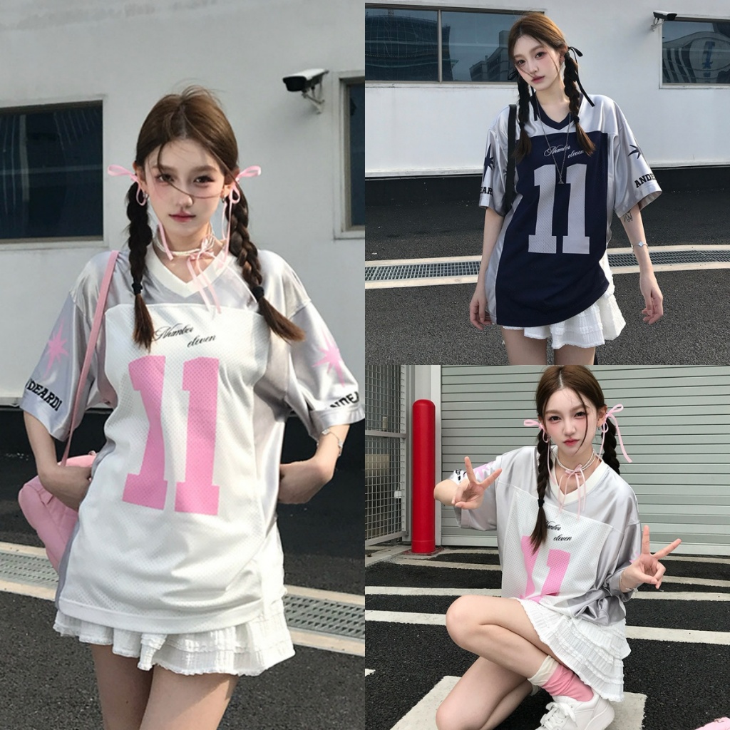 ProMan-แขนสั้นคอวีวินเทจสไตล์อเมริกัน  สีต่อ  ชุดคู่รัก  ยอดนิยม