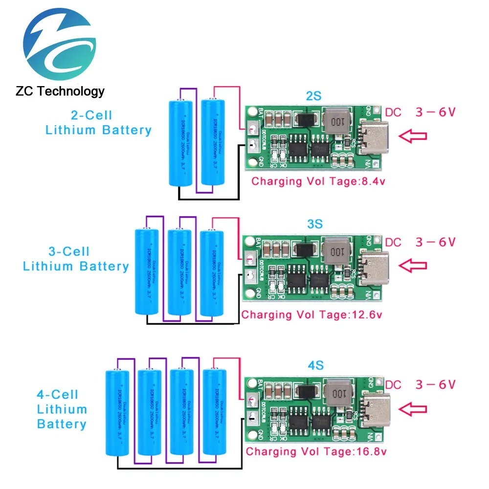 Multi-cell 2S 3S 4S Type-C ถึง 8.4V 12.6V 16.8V Step-Up Boost LiPo Polymer Li-Ion Charger 7.4V 11.1V 14.8V 18650 แบตเตอรี่ลิเธียม