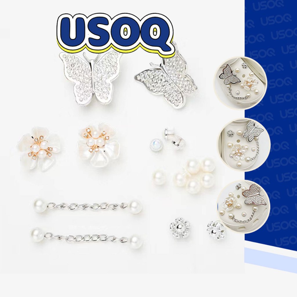 Usoq Jibbitz Croc ชุดดอกไม้เงินเครื่องประดับผีเสื้อถ้ํารองเท้าหัวเข็มขัด DIY อุปกรณ์เสริม Crocs Charm Jibbitz ปุ่ม