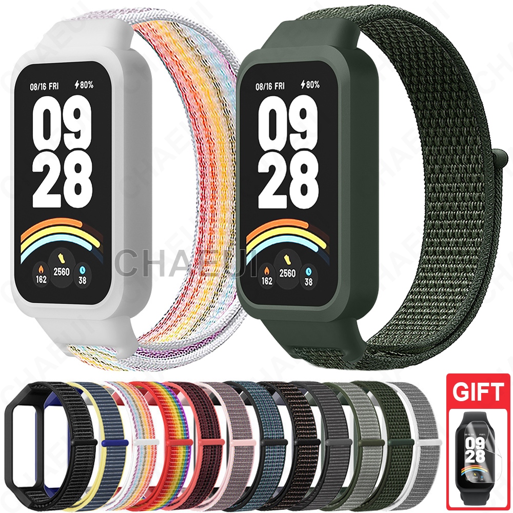 สายรัดไนลอนพร้อมเคสกรอบสร้อยข้อมืออุปกรณ์เสริมสําหรับ Xiaomi Smart Band 9 Active / Redmi Smart Band 3