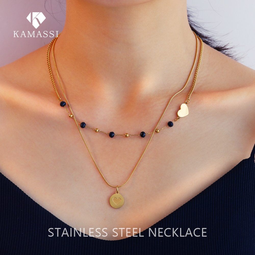 KAMASSI สร้อยคอ  สร้อยคอหลายชั้นพร้อมจี้หัวใจ ไม่แพ้ง่าย ไม่ลอกดำ กันน้ำกันเหงื่อ N3310