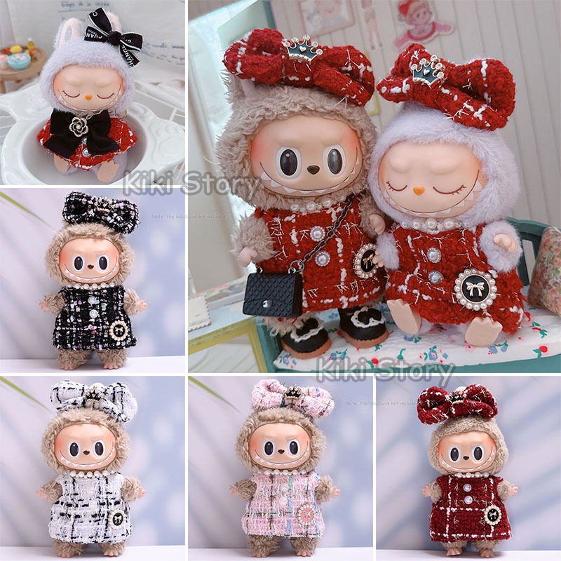 ใหม่ LABUBU V1 V2 เสื้อผ้าชุดลายสก๊อตหวาน No.5 ชุดเสื้อผ้าปีใหม่ 17 ซม. LABUBU Macarons ตุ๊กตาอุปกรณ์เสริม