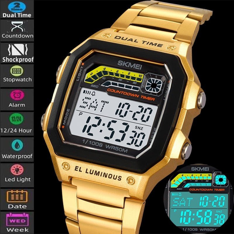 Skmei Mens นาฬิกาสปอร์ตกันกระแทกพร้อมวันที่ LED นาฬิกาจับเวลากันน้ํานาฬิกาปลุกชายดิจิตอล Dual Time