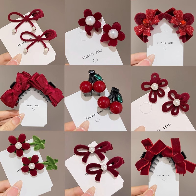 ปีใหม่สีแดงกํามะหยี่โบว์กิ๊บหญิงเจ้าหญิงหัวคลิปฤดูใบไม้ร่วงและฤดูหนาวอุปกรณ์ผม