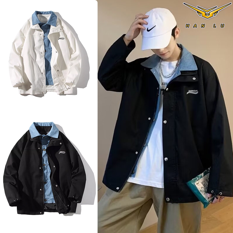 HANLU  เสื้อแจ็คเก็ตผู้ชายลําลองหลวมสไตล์ฮ่องกงเสื้อแจ็คเก็ตฤดูใบไม้ร่วง