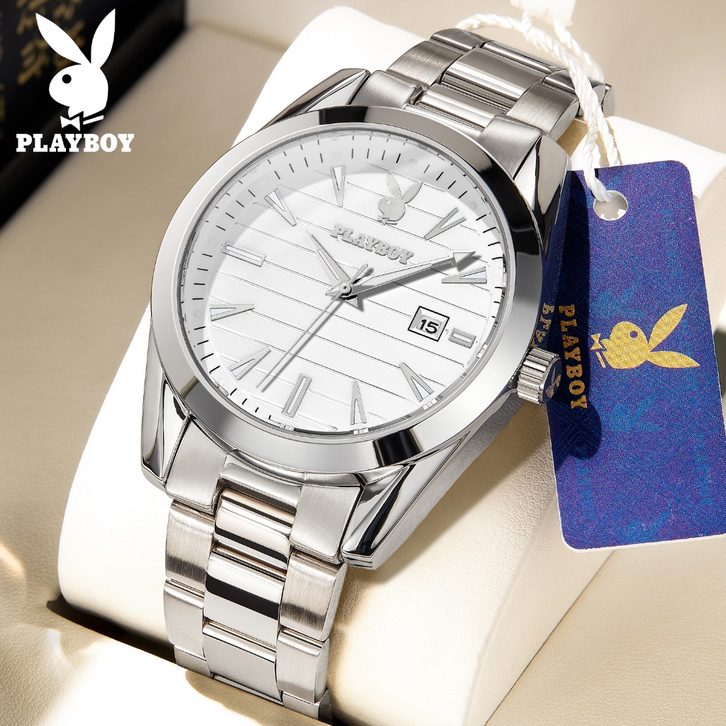 PlayBoy นาฬิกา ผู้ชาย แฟชั่น watch 100% แท้ นาฬิกาข้อมือกันน้ำได้ ควอตซ์   สายสเตนเลส  เรียบง่าย หรูหรา  สีดำ ธุรกิจ 3301